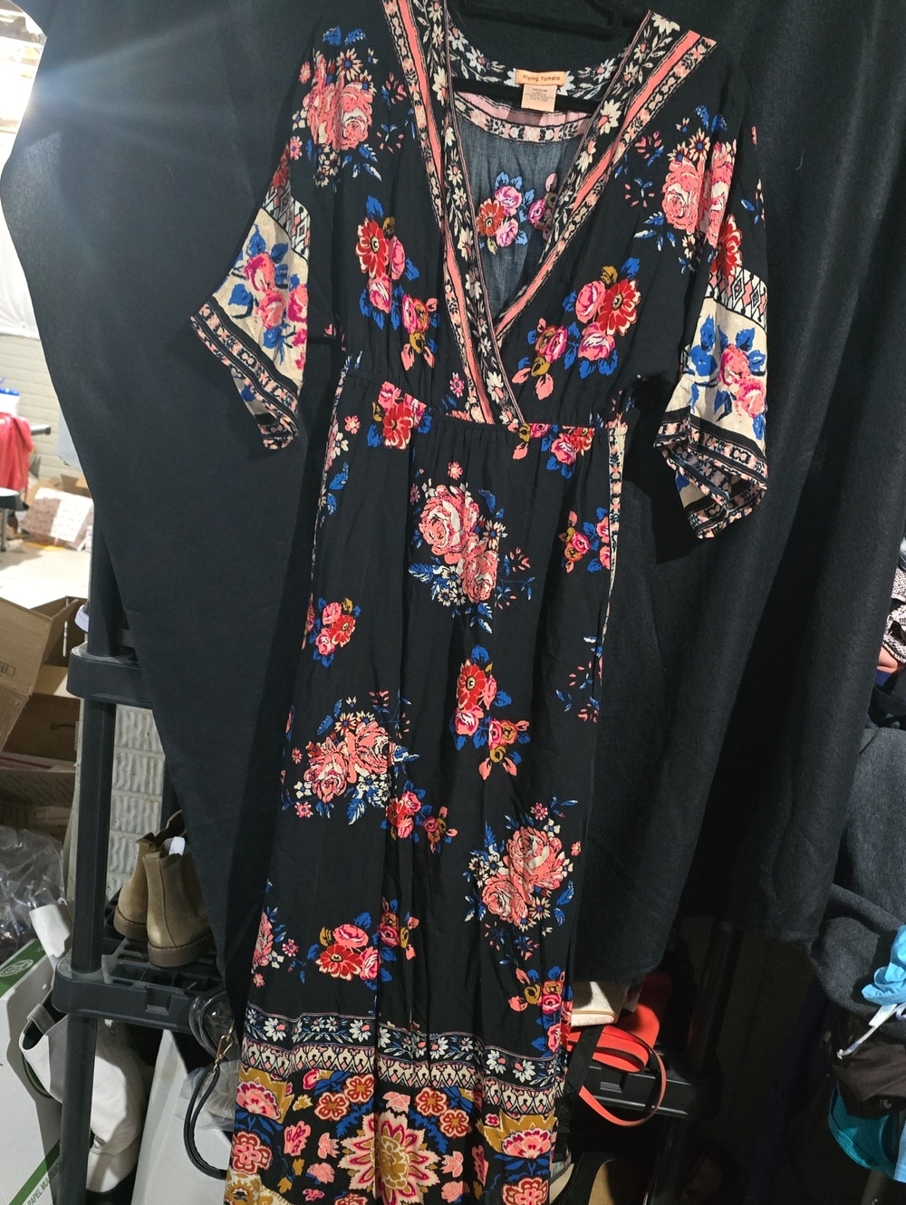 Flying Tomato Black Maxi Dress with Pink, Blue & Cream Floral Border